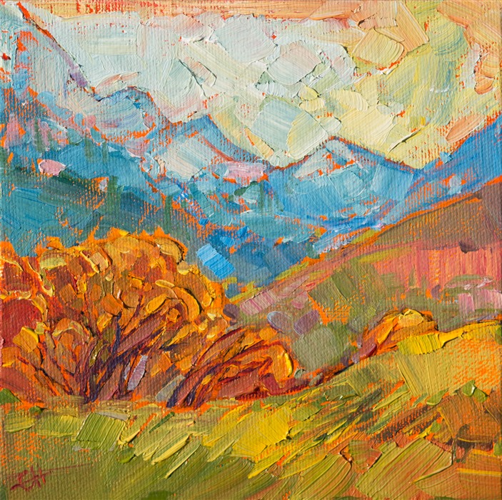 The beautiful colors of the Canadian Rockies are captured here in loose brush strokes and vivid color.  This petite painting is small but expressive, a beautiful rendition of fall colors.</p><p>These petite works are part of the 12 Days of Christmas Collection, which are getting released one painting per day, starting on December 5th.  Each 6x6 painting is beautifully framed in a classic floater frame, which allows you to enjoy the brush strokes all the way to the edge of the painting.