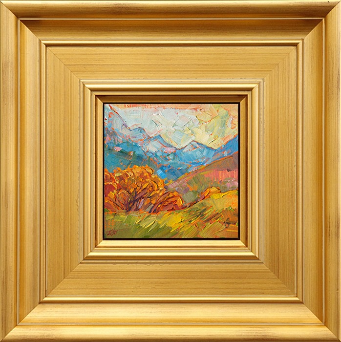 The beautiful colors of the Canadian Rockies are captured here in loose brush strokes and vivid color.  This petite painting is small but expressive, a beautiful rendition of fall colors.</p><p>These petite works are part of the 12 Days of Christmas Collection, which are getting released one painting per day, starting on December 5th.  Each 6x6 painting is beautifully framed in a classic floater frame, which allows you to enjoy the brush strokes all the way to the edge of the painting.