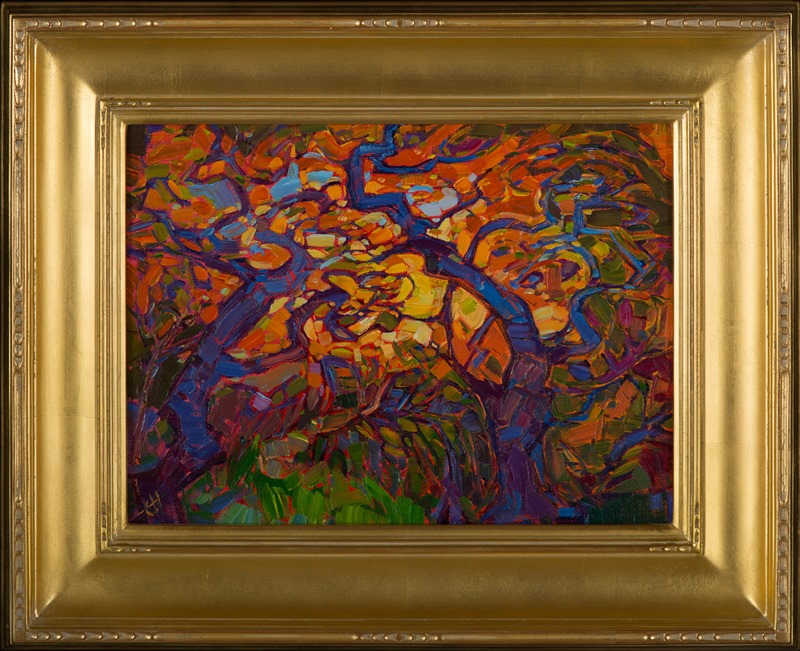 This petite oil painting brings to the fiery light and movement of the autumn foliage.  The tree branches seem to dance together in the warm light.  Each brush stroke is loose and impressionstic, forming a mosaic of color and texture across the canvas.</p><p>This painting was created on 3/4" stretched canvas.  It has been framed in a beautiful plein air frame and arrives wired and ready to hang.