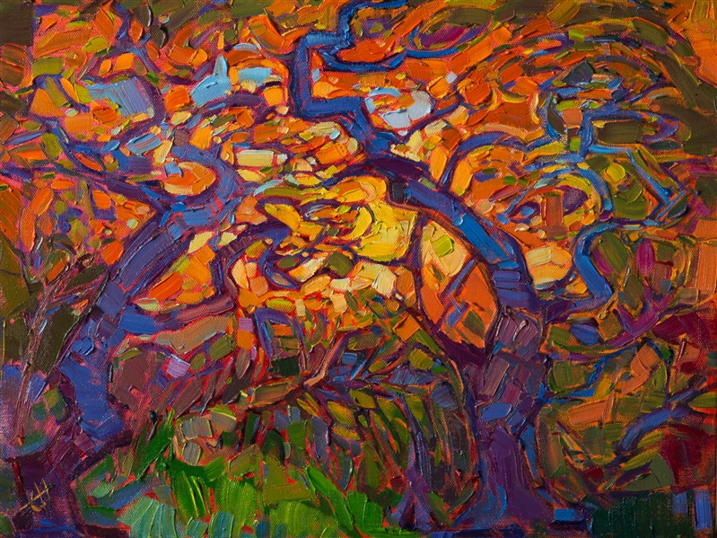 This petite oil painting brings to the fiery light and movement of the autumn foliage.  The tree branches seem to dance together in the warm light.  Each brush stroke is loose and impressionstic, forming a mosaic of color and texture across the canvas.</p><p>This painting was created on 3/4" stretched canvas.  It has been framed in a beautiful plein air frame and arrives wired and ready to hang.