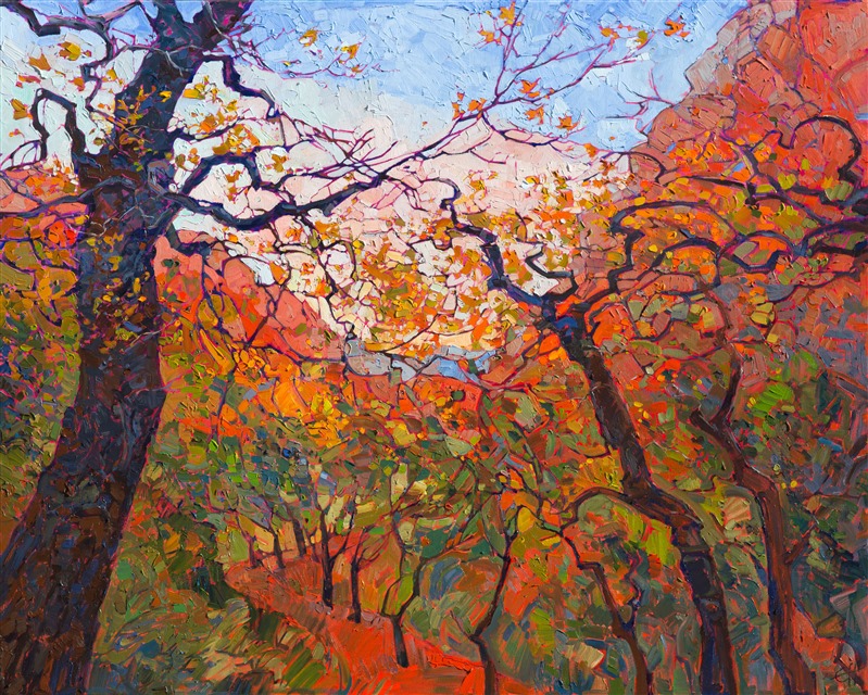 Tapestries of color and contrasting light come to life in this oil painting of Zion National Park, in southern Utah.  The red rock cliffs blend and dance with the changing colors of the rainbow-hued cottonwood trees.  Thickly applied brush strokes capture the eye in an ever-changing mosaic of texture.</p><p>This painting was created on museum-depth canvas, with the painting continued around the edges of the stretched canvas.  It arrives ready to hang without a frame. (Please contact the artist if you would like information on framing options for this painting.)