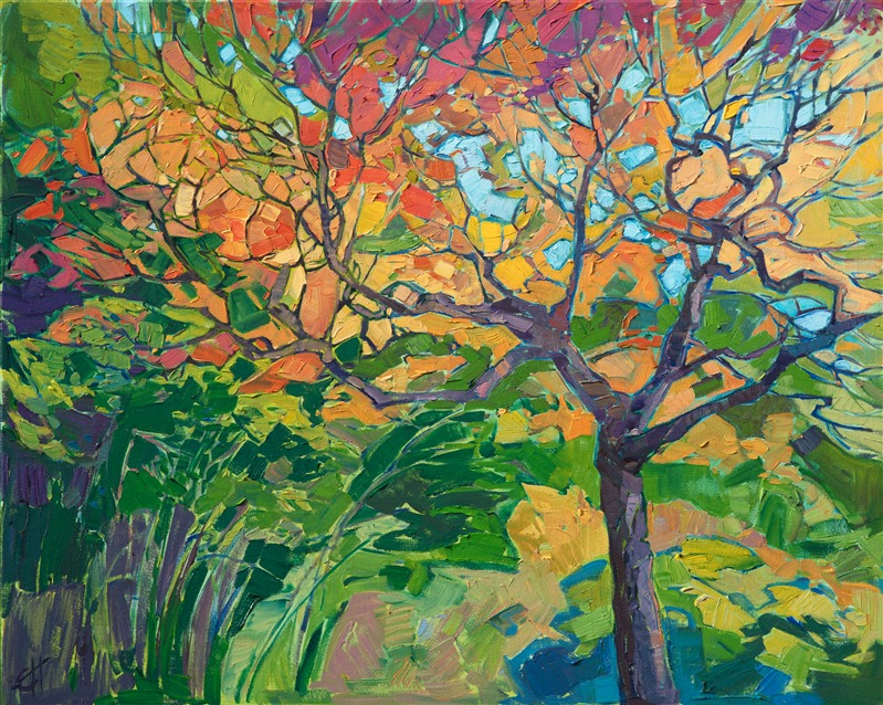 In this painting of Kyoto fall colors, I wanted to capture the abstract nature of the willowy maple trees and rainbow spread of colors I saw everywhere. I love how the bright apple green contrasts with the warm reds and oranges.  This painting is more on the expressonistic side, focusing on the emotional nature of a beautiful scene.</p><p>This painting was done on 1-1/2" canvas, with the painting continued around the edges.  The painting will be framed in a 23kt gold leaf floater frame to complement the colors in the piece.  It arrives wired and ready to hang