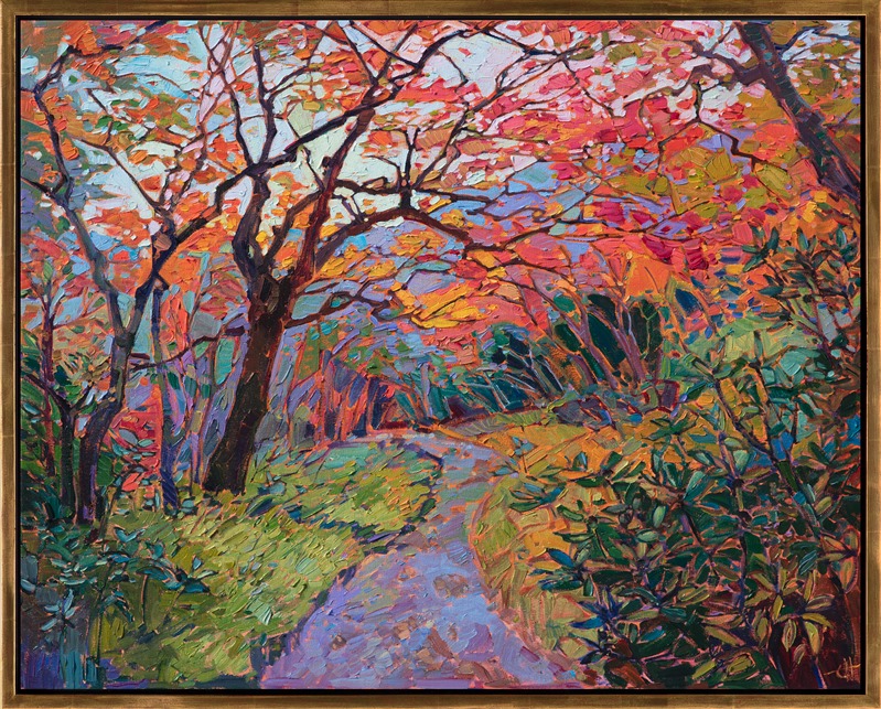 This Kyoto-inspired oil painting captures the delicate majesty of the Japanese maple. The colors are vibrant and fresh, and the painterly brush strokes are alive with texture and movement.  The curving path invites you along the road in your imagination.</p><p>This painting was done on 1-1/2" canvas, with the painting continued around the sides of the canvas.  The piece arrives framed in a simple gold floater frame, ready to hang.