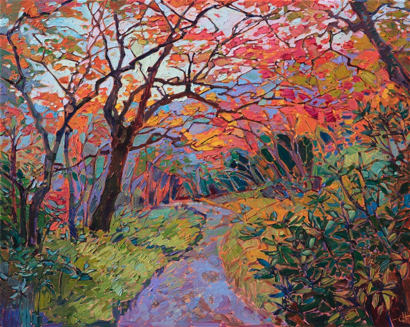 This Kyoto-inspired oil painting captures the delicate majesty of the Japanese maple. The colors are vibrant and fresh, and the painterly brush strokes are alive with texture and movement.  The curving path invites you along the road in your imagination.</p><p>This painting was done on 1-1/2" canvas, with the painting continued around the sides of the canvas.  The piece arrives framed in a simple gold floater frame, ready to hang.