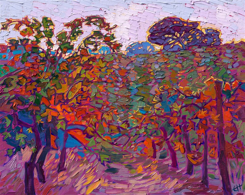 An impressionistic flurry of autumn color, this petite oil painting captures the beauty of Paso Robles wine country in the fall. A periwinkle sky glows with hints of sunshine yellow, while the rows of vines glow with subtle color changes ranging from pumpkin orange to royal purple.

"Autumn Vines" was created on 1/8" linen board. The piece arrives framed in a gold plein air frame, ready to hang.