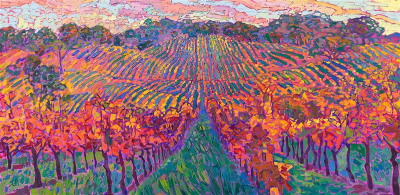 Bright yellow autumn vineyards create bold stripes of color across the rolling hills of Oregon's wine country. This painting captures the local vines of Elizabeth Chambers Cellars.</p><p>"Autumn Vineyard" is an original oil painting created on 1-1/2"-deep canvas, with the painting continued around the edges of the canvas. The piece arrives framed in a contemporary gold floater frame, ready to hang.