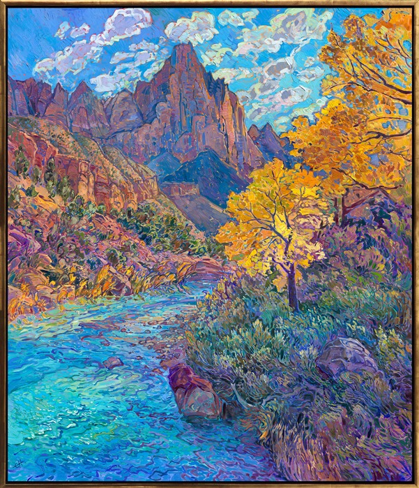 The Watchman at Zion National Park stands tall over the turquoise waters of the Virgin River. The red rock cliffs are painted with thick, buttery strokes of oil paint. The impressionist colors gleam and glisten in scintillating movement upon the canvas, capturing the transient beauty of southern Utah at peak fall color.</p><p>This painting was exhibited at <i>Erin Hanson: Landscapes of the West </i> solo museum exhibition at the Sears Art Museum in St. George, Utah.