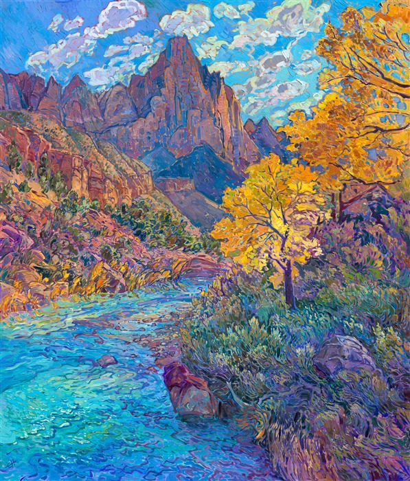 The Watchman at Zion National Park stands tall over the turquoise waters of the Virgin River. The red rock cliffs are painted with thick, buttery strokes of oil paint. The impressionist colors gleam and glisten in scintillating movement upon the canvas, capturing the transient beauty of southern Utah at peak fall color.

This painting was exhibited at <i>Erin Hanson: Landscapes of the West </i> solo museum exhibition at the Sears Art Museum in St. George, Utah.