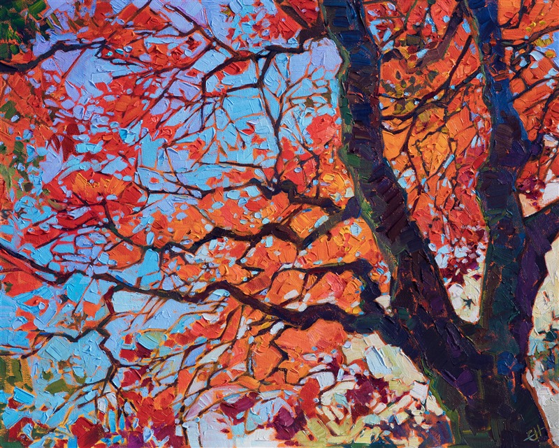Hiking between temples in Kyoto, Japan, I discovered this ancient maple tree stretching high above me.  Its fiery leaves were catching the light and glowing with brilliant color, a beautiful contrast against the blue sky.

This painting is being sold on consignment.

This painting was done on 1/4" canvas board, and it arrives framed in a traditional plein air frame.