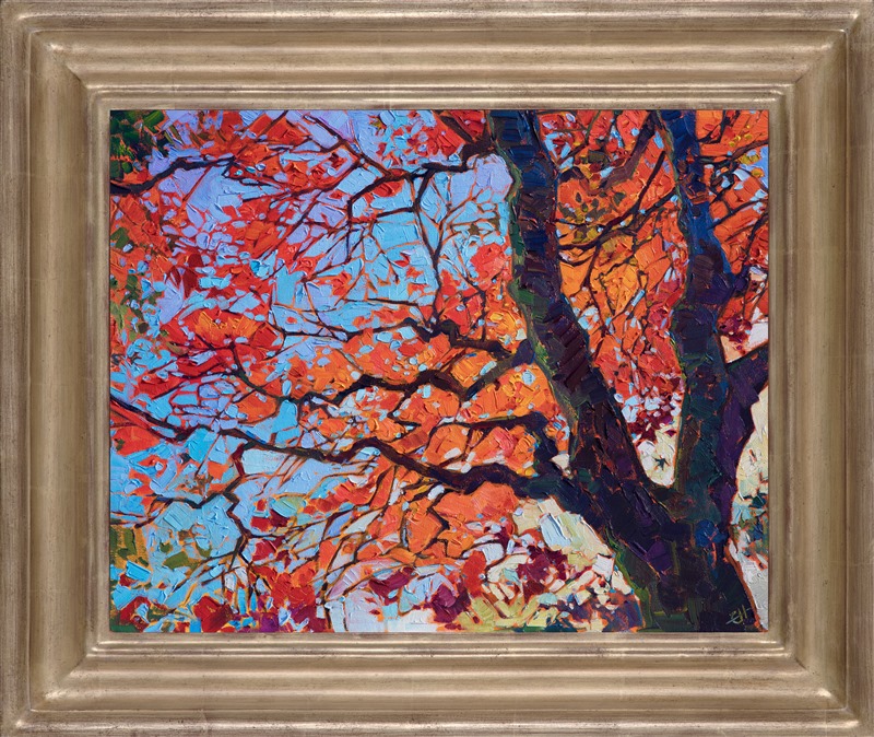Hiking between temples in Kyoto, Japan, I discovered this ancient maple tree stretching high above me.  Its fiery leaves were catching the light and glowing with brilliant color, a beautiful contrast against the blue sky.</p><p>This painting is being sold on consignment.</p><p>This painting was done on 1/4" canvas board, and it arrives framed in a traditional plein air frame.