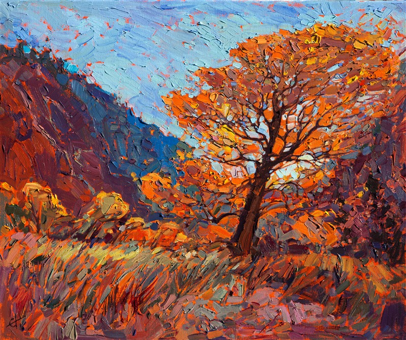 Another backpacking-inspired painting from the long 50-mile trek across Zion, this painting brings back memories of days surrounded by nothing but preserved land and wide-open vistas. This is a painting of Hop Valley, near Kolob Canyon.</p><p>This painting was created on a 3/4"-deep canvas. It has been framed in a classic, museum-quality frame and arrives ready to hang.</p><p>Exhibited: St George Art Museum, Utah, in a solo exhibition celebrating the National Park's centennial: <i><a href="https://www.erinhanson.com/Event/ErinHansonMuseumShow2016" target="_blank">Erin Hanson's Painted Parks</a></i>, 2016.