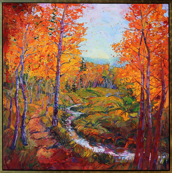 A dreamy morning in Cedar Breaks National Park, a few hours after daybreak, found the artist lounging alongside this creekbed, eating crackers and cheese.  The aspens were drenched in color, almost electric with orange and yellow, a striking contrast against the curves of slough grasses below and the distant layers of blue mountains beyond.</p><p>This original oil painting was created over an application of 24 karat gold leaf. The genuine gold glints through the layers of oil paint, catching the light in a subtle and surprising manner, and bringing the oil painting to life like never before.</p><p>This 2"-gallery depth painting comes framed in a custom-made floater frame that was hand plated in 24 karat gold leaf.