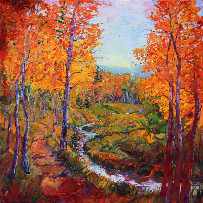 A dreamy morning in Cedar Breaks National Park, a few hours after daybreak, found the artist lounging alongside this creekbed, eating crackers and cheese.  The aspens were drenched in color, almost electric with orange and yellow, a striking contrast against the curves of slough grasses below and the distant layers of blue mountains beyond.</p><p>This original oil painting was created over an application of 24 karat gold leaf. The genuine gold glints through the layers of oil paint, catching the light in a subtle and surprising manner, and bringing the oil painting to life like never before.</p><p>This 2"-gallery depth painting comes framed in a custom-made floater frame that was hand plated in 24 karat gold leaf.