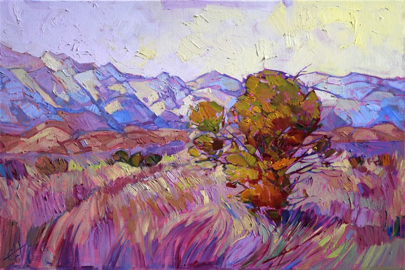 Backpacking in the eastern Sierras, near Lone Pine, inspired this calming painting of the Sierra range. The dusky greens are set off by rich lavender shadows. This painting really captures and communicates the wide range of color that can be found during early winter. The brush strokes are thick and impressionistic, creating a mosaic of color and texture.