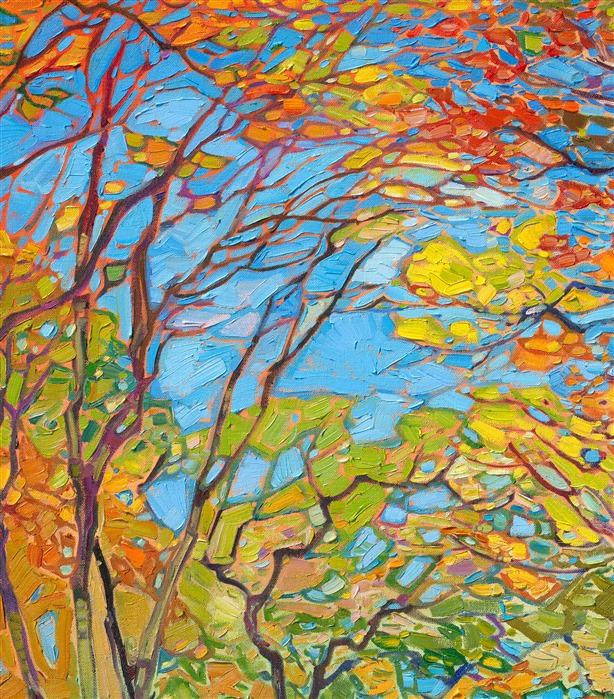 Delicate autumn light illuminates this tree-lined path, making the stately trees glow with fall colors. This painting captures the striking beauty of autumn with thick, expressive brush strokes of oil paint that have the feeling of stained glass.