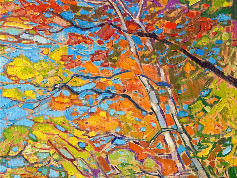 Delicate autumn light illuminates this tree-lined path, making the stately trees glow with fall colors. This painting captures the striking beauty of autumn with thick, expressive brush strokes of oil paint that have the feeling of stained glass.