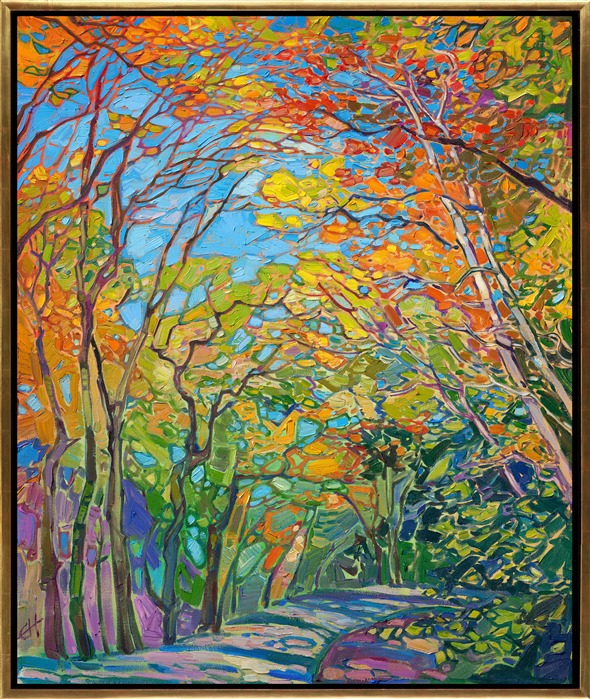 Delicate autumn light illuminates this tree-lined path, making the stately trees glow with fall colors. This painting captures the striking beauty of autumn with thick, expressive brush strokes of oil paint that have the feeling of stained glass.