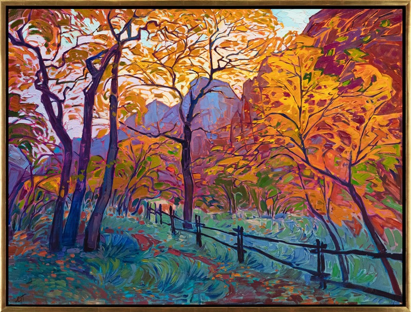 About the painting:<br/>Late October colors in the Zion canyon are red and gold, the cottonwoods changing from green to yellow as the season cools. This painting captures the movement and hues of Zion with thick, impressionistic brush strokes.</p><p>"Autumn in Zion" was created on gallery-depth canvas, with the painting continued around the edges. The piece arrives framed in a contemporary gold floater frame.