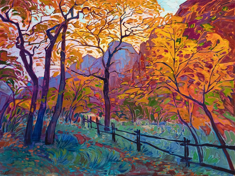 About the painting:<br/>Late October colors in the Zion canyon are red and gold, the cottonwoods changing from green to yellow as the season cools. This painting captures the movement and hues of Zion with thick, impressionistic brush strokes.</p><p>"Autumn in Zion" was created on gallery-depth canvas, with the painting continued around the edges. The piece arrives framed in a contemporary gold floater frame.