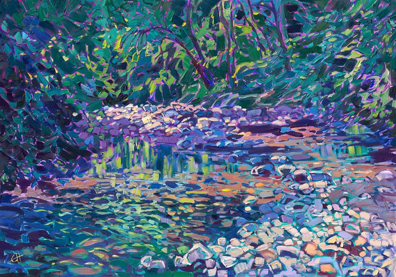 Baker Creek near McMinnville, Oregon, is captured in lush, verdant brush strokes. The rich hues of green and blue capture the coolness of the shaded river. The impressionistic brushwork creates a mosaic of color and texture across the canvas.</p><p>"Baker Creek" is an original oil painting on stretched canvas. The painting arrives in a hand-made, closed corner, champagne gold floater frame.