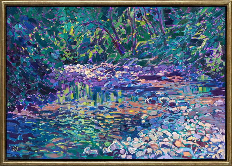 Baker Creek near McMinnville, Oregon, is captured in lush, verdant brush strokes. The rich hues of green and blue capture the coolness of the shaded river. The impressionistic brushwork creates a mosaic of color and texture across the canvas.</p><p>"Baker Creek" is an original oil painting on stretched canvas. The painting arrives in a hand-made, closed corner, champagne gold floater frame.