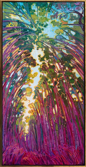 The tall bamboo forests of Arashiyama Park in Japan draw crowds from around the world to gaze at their immense heights. This painting captures the beautiful color of the bamboo's green foliage, backlit by a morning sun. The brush strokes are thick and impressionistic, bringing to life the natural beauty of the outdoors.</p><p>"Bamboo Forest" was created on 1-1/2" canvas, and it arrives framed in a contemporary gold floater frame.
