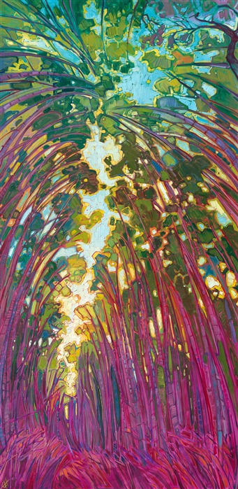 The tall bamboo forests of Arashiyama Park in Japan draw crowds from around the world to gaze at their immense heights. This painting captures the beautiful color of the bamboo's green foliage, backlit by a morning sun. The brush strokes are thick and impressionistic, bringing to life the natural beauty of the outdoors.

"Bamboo Forest" was created on 1-1/2" canvas, and it arrives framed in a contemporary gold floater frame.