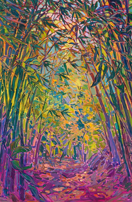 This oil painting captures a bamboo path in bold, impressionistic color. The painting seems to lead you into brighter depths of the painting, the crisscrossing bamboo leaves creating abstract shapes and mosaic patterns of color upon the canvas.