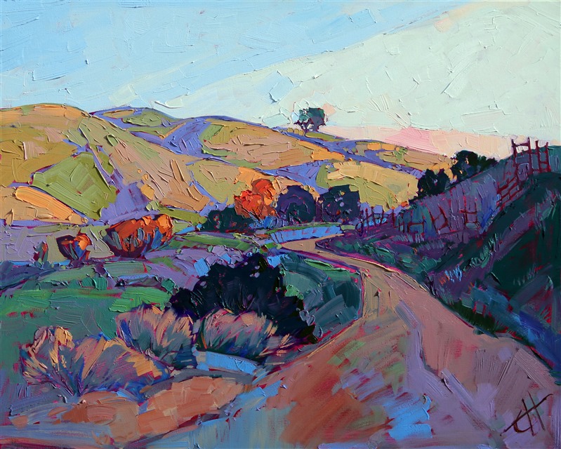 Thick with texture and motion, this oil painting captures the back country roads of Paso Robles, California. As the sun rose low on the horizon, the sunrays slowly reached into the valley floor, catching the tips of oak trees orange with fiery morning light.