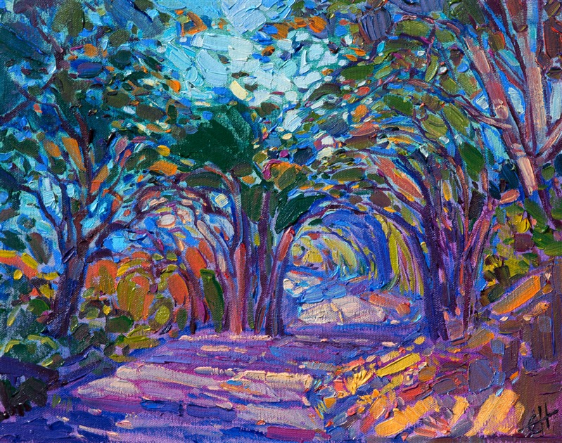 This petite collectible piece captures the winding roads of central California's wine country.  The bending, overhanging oaks form a shaded pathway into another world of color and beauty.</p><p>This painting was created on 3/4" stretched canvas, and it has been framed in a beautiful plein air frame, and it arrives wired and ready to hang.