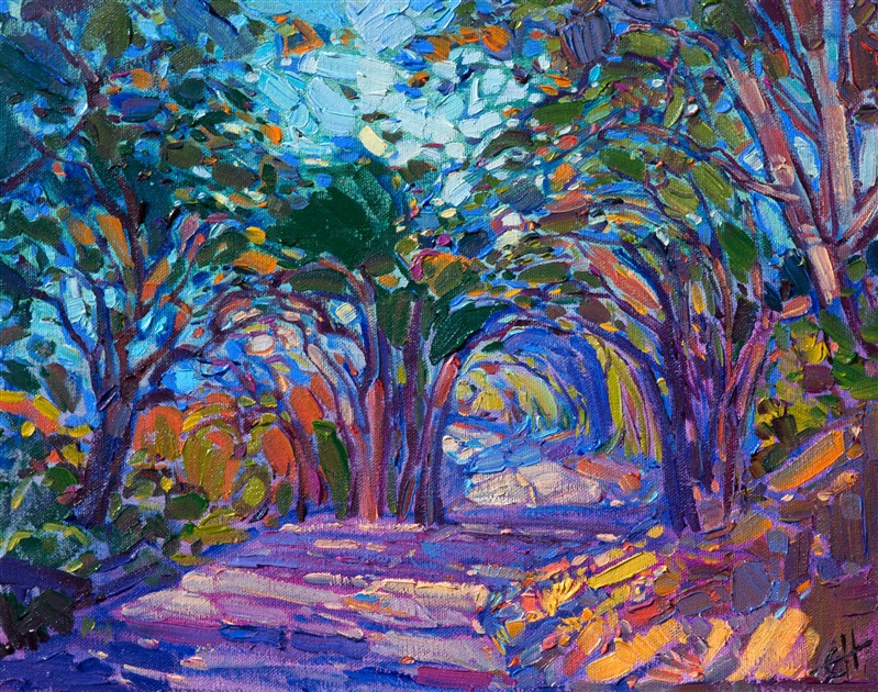 This petite collectible piece captures the winding roads of central California's wine country.  The bending, overhanging oaks form a shaded pathway into another world of color and beauty.

This painting was created on 3/4" stretched canvas, and it has been framed in a beautiful plein air frame, and it arrives wired and ready to hang.