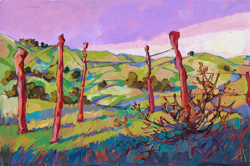 The first time Hanson saw Paso Robles in the spring, she fell in love with the bright, apple-green slopes of grass, the tangled oak trees, and the crooked fences.  This painting was inspired by that first springtime encounter with central California's wine country.

This painting was created on 1-1/2" canvas, with the painting continued around the edges.  It has been framed in a gold floater frame.

This painting was included in the exhibition <i><a href="https://www.erinhanson.com/Event/ContemporaryImpressionismatGoddardCenter" target="_blank">Open Impressionism: The Works of Erin Hanson</i></a>, a 10-year retrospective and study of the development of Open Impressionism.

