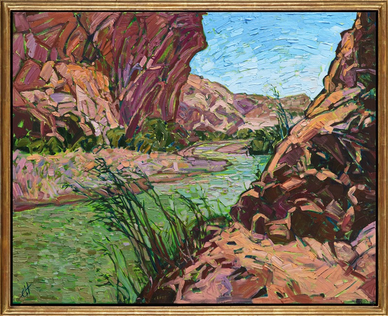 The slowly-moving Rio Grande carves a path through the ancient limestone cliffs of Big Bend National Park. The colorful red stone is a beautiful contrast against the lime green waters. This painting captures a scene hiking through the canyons, transporting you to a different world.</p><p>This painting will be on display at the Museum of the Big Bend, during the solo exhibition <i><a href="https://www.erinhanson.com/Event/MuseumoftheBigBend" target="_blank">Erin Hanson: Impressions of Big Bend Country.</a></i> This painting will be ready to ship after January 10th, 2019. <a href="https://www.erinhanson.com/Portfolio?col=Big_Bend_Museum_Show_2018">Click here</a> to view the collection.</p><p>This painting has been framed in a custom-made gold frame. The painting arrives ready to hang.