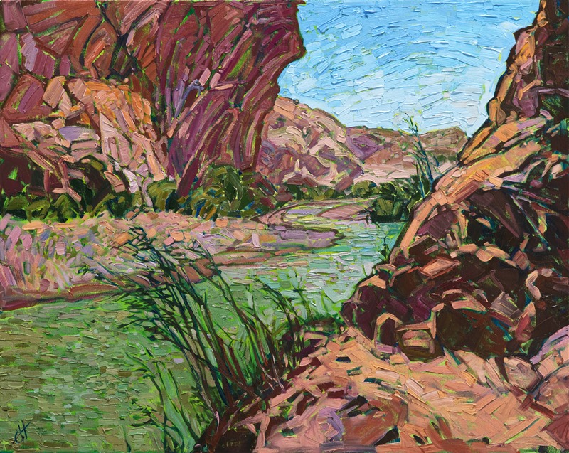 The slowly-moving Rio Grande carves a path through the ancient limestone cliffs of Big Bend National Park. The colorful red stone is a beautiful contrast against the lime green waters. This painting captures a scene hiking through the canyons, transporting you to a different world.

This painting will be on display at the Museum of the Big Bend, during the solo exhibition <i><a href="https://www.erinhanson.com/Event/MuseumoftheBigBend" target="_blank">Erin Hanson: Impressions of Big Bend Country.</a></i> This painting will be ready to ship after January 10th, 2019. <a href="https://www.erinhanson.com/Portfolio?col=Big_Bend_Museum_Show_2018">Click here</a> to view the collection.

This painting has been framed in a custom-made gold frame. The painting arrives ready to hang.