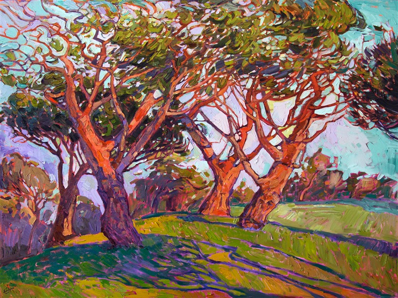 Big Canyon Country Club is a gorgeous golf course lined with coastal pines and eucalyptus trees. This painting captures a late afternoon after a rainy spring. The brush strokes are loose and impressionistic, alive with color and motion.