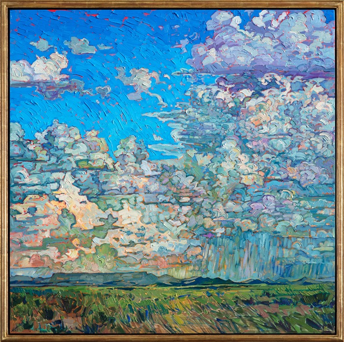 A dramatic Texan cloudscape floats over the low buttes of Big Bend Country. The grass-filled flatlands are lush in the springtime, and the distant buttes are cast in varying shades of blue and turquoise. The brush strokes in this painting are loose and impressionistic, creating a mosaic of color and texture across the canvas.</p><p>This painting will be on display at the Museum of the Big Bend, during the solo exhibition <i><a href="https://www.erinhanson.com/Event/MuseumoftheBigBend" target="_blank">Erin Hanson: Impressions of Big Bend Country.</a></i> This painting will be ready to ship after January 10th, 2019. <a href="https://www.erinhanson.com/Portfolio?col=Big_Bend_Museum_Show_2018">Click here</a> to view the collection.</p><p>This painting has been framed in a custom-made gold frame. The painting arrives ready to hang.