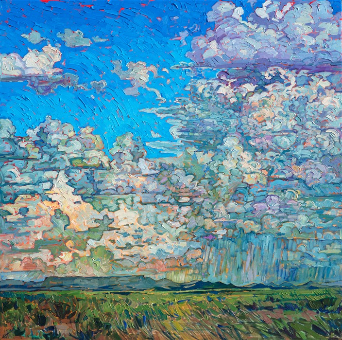 A dramatic Texan cloudscape floats over the low buttes of Big Bend Country. The grass-filled flatlands are lush in the springtime, and the distant buttes are cast in varying shades of blue and turquoise. The brush strokes in this painting are loose and impressionistic, creating a mosaic of color and texture across the canvas.</p><p>This painting will be on display at the Museum of the Big Bend, during the solo exhibition <i><a href="https://www.erinhanson.com/Event/MuseumoftheBigBend" target="_blank">Erin Hanson: Impressions of Big Bend Country.</a></i> This painting will be ready to ship after January 10th, 2019. <a href="https://www.erinhanson.com/Portfolio?col=Big_Bend_Museum_Show_2018">Click here</a> to view the collection.</p><p>This painting has been framed in a custom-made gold frame. The painting arrives ready to hang.