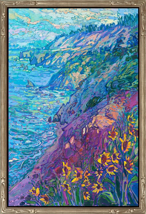 A flurry of wild sunflowers hangs over the cliffside in this painting of California's coastline near Big Sur. The endless layers of the coastal mountain range fade into the distance, becoming one with the pale blue puffs of cloud. Impressionistic brush strokes capture the vivid hues of motion of the scene.</p><p>"Big Sur Blooms" is an original oil painting created on stretched canvas. The piece arrives framed in a contemporary gold floater frame, ready to hang.