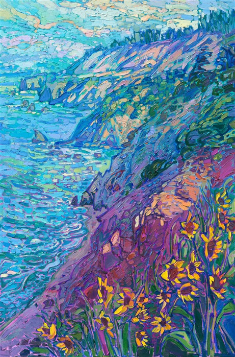 A flurry of wild sunflowers hangs over the cliffside in this painting of California's coastline near Big Sur. The endless layers of the coastal mountain range fade into the distance, becoming one with the pale blue puffs of cloud. Impressionistic brush strokes capture the vivid hues of motion of the scene.</p><p>"Big Sur Blooms" is an original oil painting created on stretched canvas. The piece arrives framed in a contemporary gold floater frame, ready to hang.