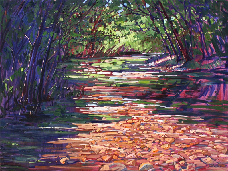 Big Sur campground oil painting by Erin Hanson, in abstract shapes and light painted in bold, impasto brush strokes.