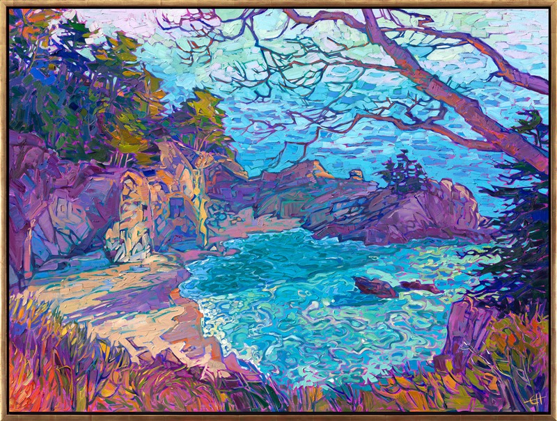 A hidden cove of jeweled color sparkles in the sunlight in this painting of Big Sur, California. The impressionist brush strokes are thick and lively, creating a mosaic of color and texture across the canvas.</p><p>"Big Sur Vista" was created on 1-1/2" gallery-depth canvas. The painting arrives framed in a contemporary gold floater frame finished in 23kt burnished gold leaf.