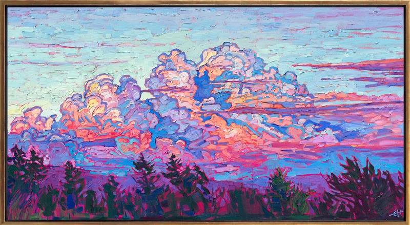 Billowing cumulus clouds catch the fading sunlight, turning brilliant hues of cotton candy pink, sherbet orange, and butter yellow. Every minute brings a change of light and color, as the sun sets below the horizon.</p><p>"Billows of Light" was created on 1-1/2' canvas, with the sides of the canvas painted as a continuation of the painting. The brush strokes are thick and impressionistic, alive with color and motion. The piece arrives framed in a contemporary gold floater frame, ready to hang.