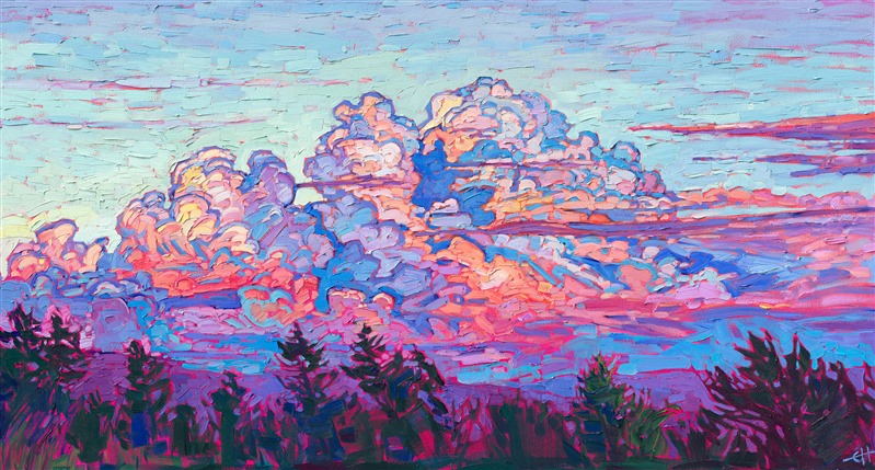 Billowing cumulus clouds catch the fading sunlight, turning brilliant hues of cotton candy pink, sherbet orange, and butter yellow. Every minute brings a change of light and color, as the sun sets below the horizon.</p><p>"Billows of Light" was created on 1-1/2' canvas, with the sides of the canvas painted as a continuation of the painting. The brush strokes are thick and impressionistic, alive with color and motion. The piece arrives framed in a contemporary gold floater frame, ready to hang.