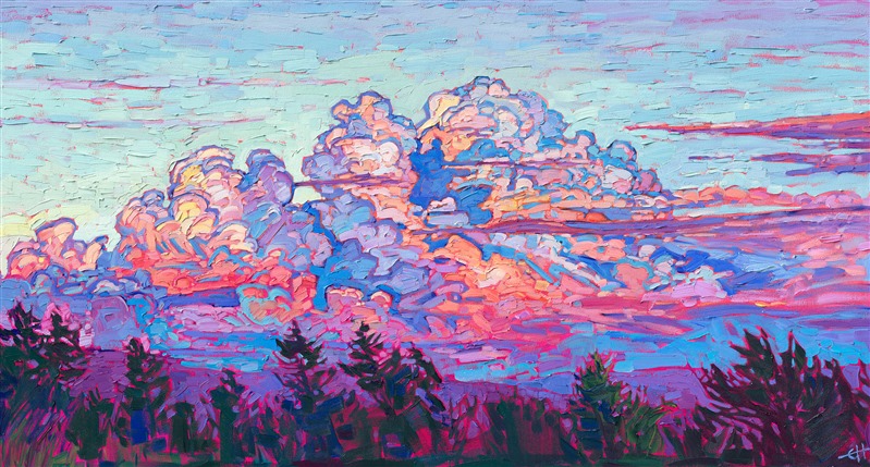 Billowing cumulus clouds catch the fading sunlight, turning brilliant hues of cotton candy pink, sherbet orange, and butter yellow. Every minute brings a change of light and color, as the sun sets below the horizon.

"Billows of Light" was created on 1-1/2' canvas, with the sides of the canvas painted as a continuation of the painting. The brush strokes are thick and impressionistic, alive with color and motion. The piece arrives framed in a contemporary gold floater frame, ready to hang.