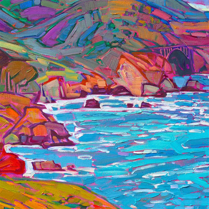 Bixby Bridge is a famous destination along Highway 1. This feat of engineering carries the road high up on spindly supports, far above the swirling ocean waters below. This painting captures the beautiful nature and color around Bixby Bridge.</p><p>This impressionistic oil painting was created on 1-1/2" canvas, with the edges of the piece painted as a continuation of the painting. The painting arrives framed in a champagne gold, hand-carved floater frame.