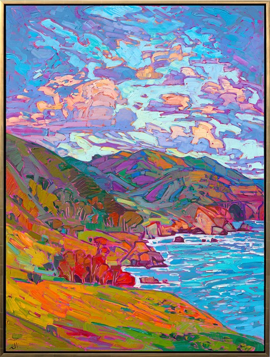 Bixby Bridge is a famous destination along Highway 1. This feat of engineering carries the road high up on spindly supports, far above the swirling ocean waters below. This painting captures the beautiful nature and color around Bixby Bridge.</p><p>This impressionistic oil painting was created on 1-1/2" canvas, with the edges of the piece painted as a continuation of the painting. The painting arrives framed in a champagne gold, hand-carved floater frame.