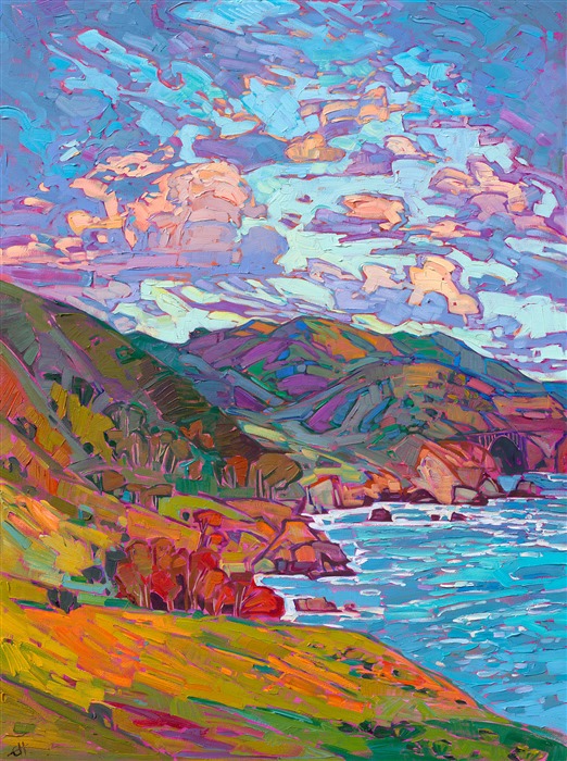 Bixby Bridge is a famous destination along Highway 1. This feat of engineering carries the road high up on spindly supports, far above the swirling ocean waters below. This painting captures the beautiful nature and color around Bixby Bridge.</p><p>This impressionistic oil painting was created on 1-1/2" canvas, with the edges of the piece painted as a continuation of the painting. The painting arrives framed in a champagne gold, hand-carved floater frame.