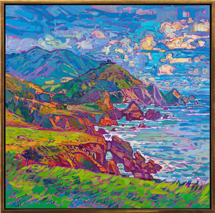 There's a turnout on Highway 1, a little south of Carmel and Point Lobos, where you can see Bixby Bridge in the distance, nestled within the coastal mountains. This painting captures the Bixby Bridge vista after the rainy season, when the landscape is covered in bright green grass. The brush strokes are loose and expressive, capturing the vibrant colors and transient beauty of the scene.</p><p>"Bixby Bridge Vista" is an original oil painting on stretched canvas. The piece arrives framed in a 23kt, burnished gold floater frame, ready to hang.