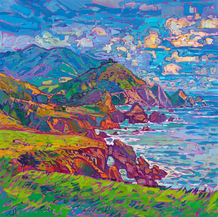 There's a turnout on Highway 1, a little south of Carmel and Point Lobos, where you can see Bixby Bridge in the distance, nestled within the coastal mountains. This painting captures the Bixby Bridge vista after the rainy season, when the landscape is covered in bright green grass. The brush strokes are loose and expressive, capturing the vibrant colors and transient beauty of the scene.</p><p>"Bixby Bridge Vista" is an original oil painting on stretched canvas. The piece arrives framed in a 23kt, burnished gold floater frame, ready to hang.