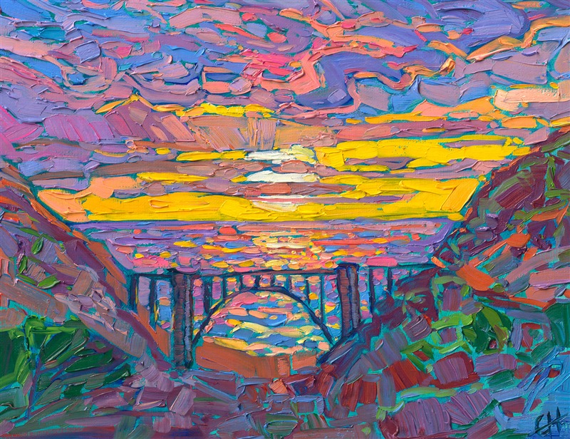 Bixby Bridge, located between Carmel and Big Sur, is captured in Hanson's signature impressionistic brush strokes and vivid color. 

The painting arrives framed in a gold plein air frame, ready to hang.

Hanson's coveted contemporary impressionistic works can be found in public and private collections spanning the globe. 